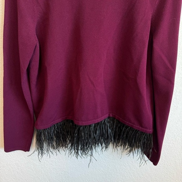 Milly Ostrich Feather Trim Crew Neck Pullover Sweater Burgundy Red Purple L - Picture 4 of 10